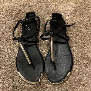 a new day Black T-Strap Sandals with Gold Accents